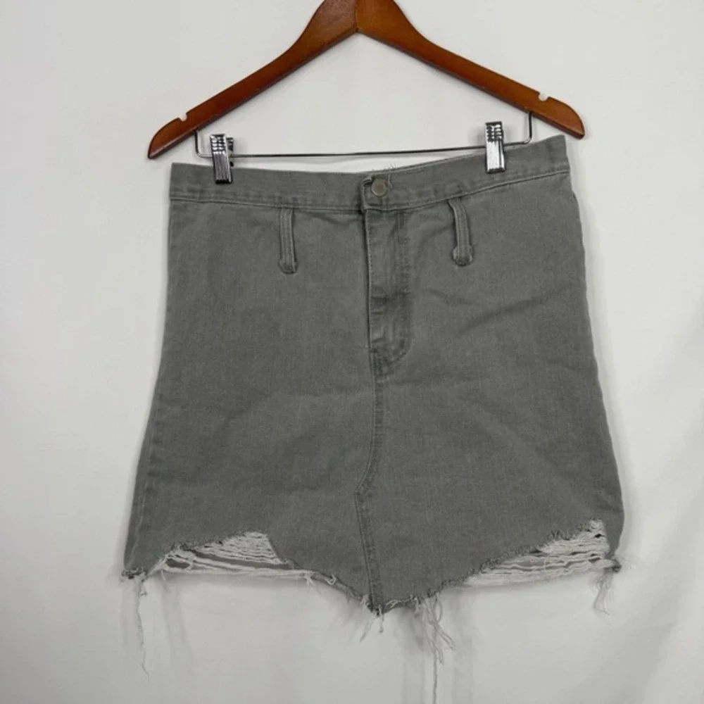 Agit Grey‎ Distressed Denim Mini Skirt High Waisted Raw Hem Made in Korea Womens